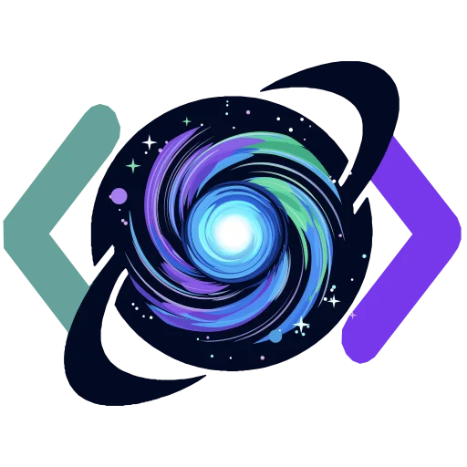 The galax logo, the GalacticDynamics mark: a painted spiral galaxy with a glowing core on a dark disk, circled by a dark ring, between a teal < and a purple > code bracket.